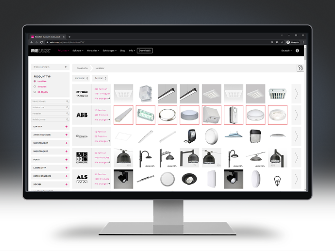 Display of ReluxNet - The luminaire search engine