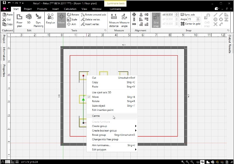 Context menu in ReluxDesktop with the Centre command for a luminaire group ReluxDesktop context menu with the Centre command for a luminaire group