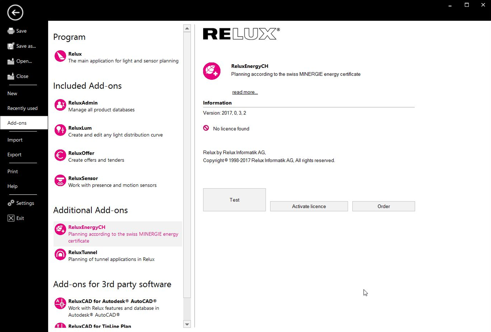 ReluxEnergy CH startup dashboard interface showing an unlicensed trial version status field and recent projects list.