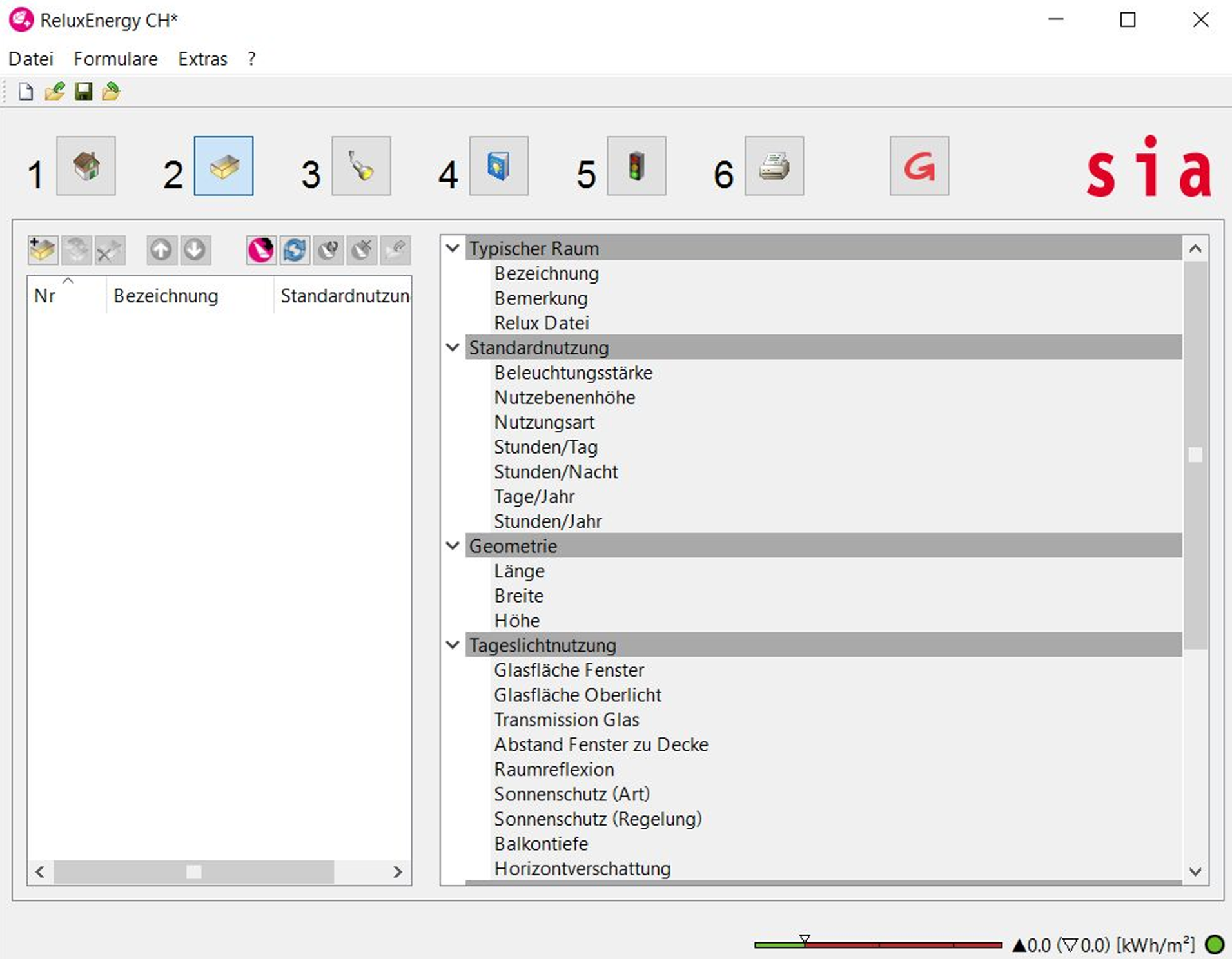 Screenshot of the ReluxEnergy CH application with the second main toolbar button active, showcasing the expandable properties menu for room configurations, standard profiles, geometry parameters, and daylight utilization settings.