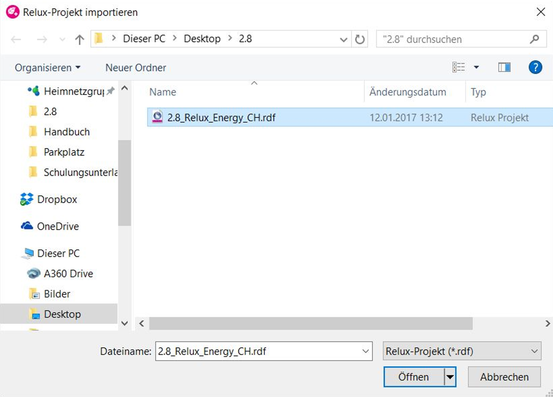 Windows file explorer pop-up window titled "Relux-Projekt importieren" with a .rdf project file highlighted and selected, ready to be opened.