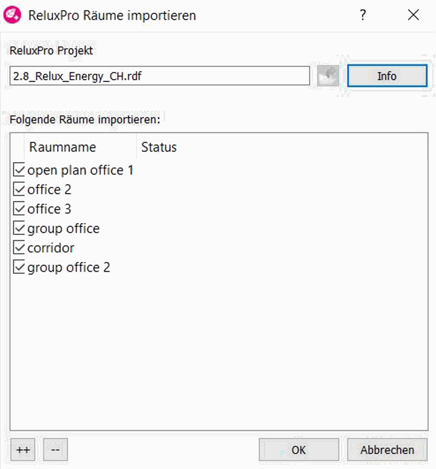 Dialog modal pop-up window titled "ReluxPro Räume importieren" displaying a checklist of calculated room names including open plan office, corridor, and group offices with all checkmarks activated.