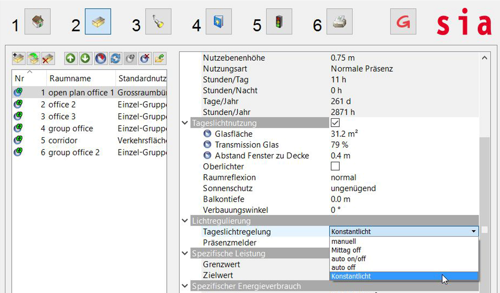 Close-up screenshot of the ReluxEnergy CH room properties panel showing the "Lichtregulierung" category expander with a dropdown menu open for daylight control options including manuell, auto on/off, auto off, and Konstantlicht.