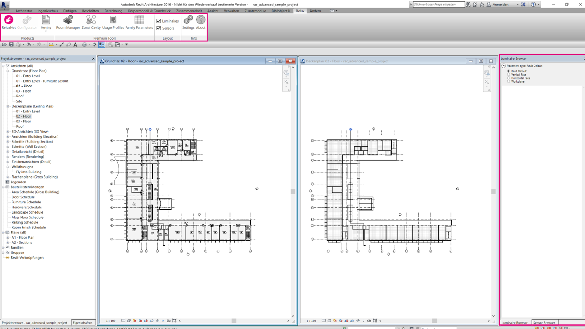 Full application window of Autodesk Revit displaying a floor plan view with the dedicated Relux menu ribbon highlighted in pink at the top, and the empty Luminaire Browser sidebar navigation panel highlighted on the right.