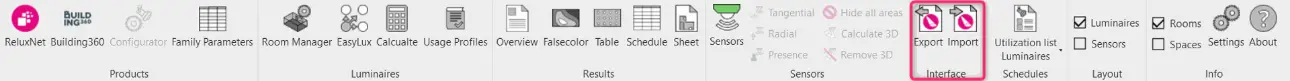 Close-up screenshot of the light-grey ReluxCAD for Revit menu bar panel highlighting the specialized "Interface" section block framed by a pink box containing the directional Export and Import document utility buttons.