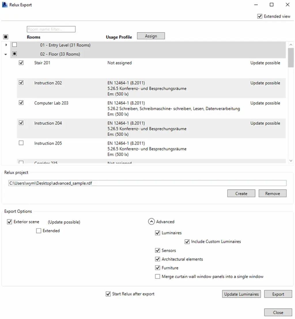 Screenshot of the Relux Export window modal showing a list of selected multi-storey building project spaces with designated lux level parameters, export file targets, and enabled advanced checklist options for luminaires, sensors, architectural elements, and furniture.