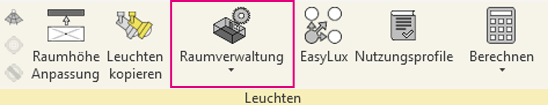 Close-up screenshot of the light-grey ReluxCAD for Revit ribbon menu panel titled Leuchten, displaying functional tool buttons for Raumhöhe Anpassung, Leuchten kopieren, Raumverwaltung, EasyLux, Nutzungsprofile, and Berechnen.