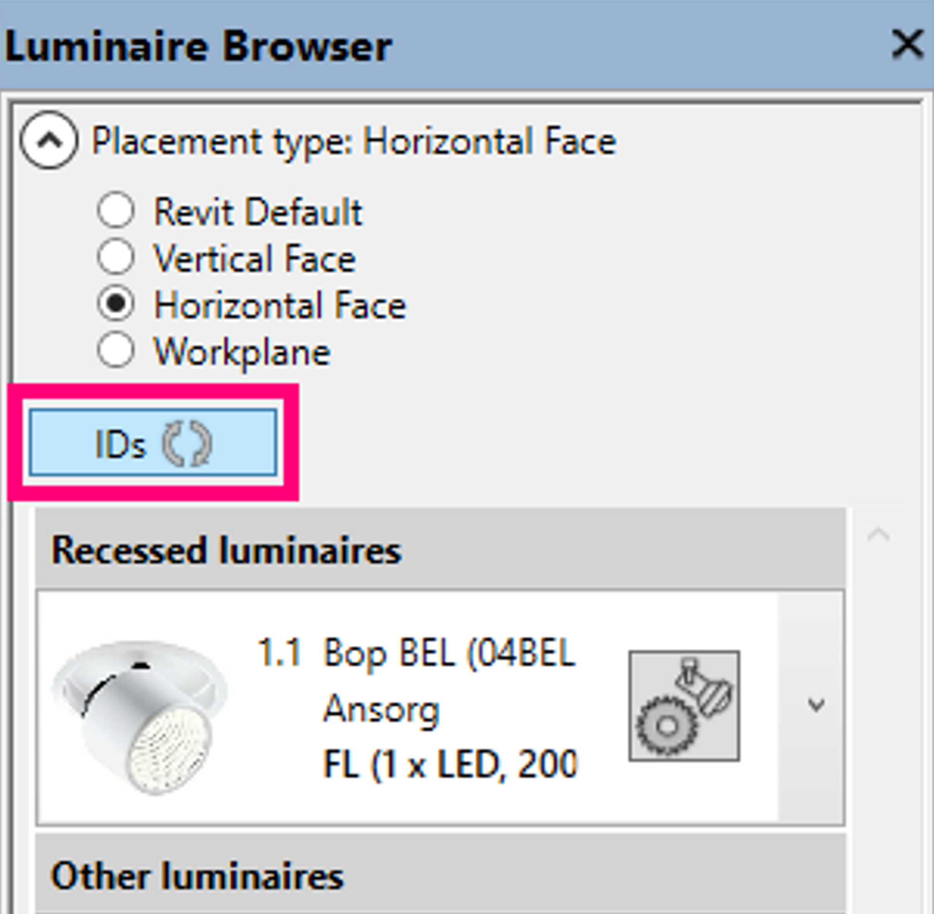 Close-up view of the native Revit Luminaire Browser sidebar navigation panel with a pink highlight block framing the interactive IDs sync button below horizontal face placement selection options.