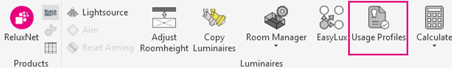 Close-up view of the ReluxCAD for Revit ribbon layout with functional tool selections highlighting the German localized Nutzungsprofile button inside the Leuchten block layout.