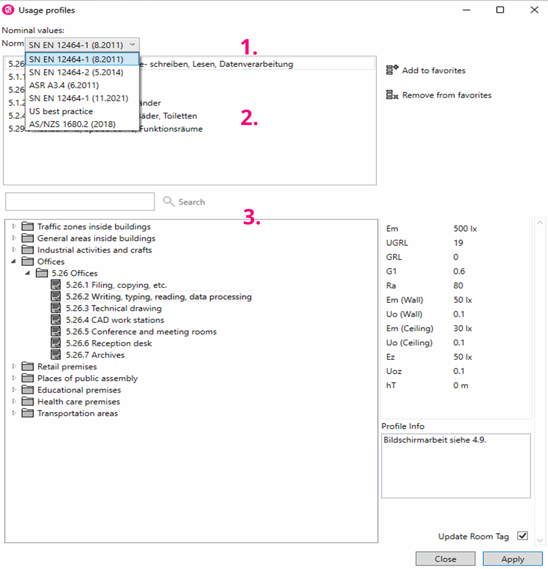 Screenshot of the interactive Usage Profiles setup dialog window modal in ReluxCAD for Revit with magenta numbered steps highlighting norm selections such as EN 12464-1 and hierarchical folders for specific room types.