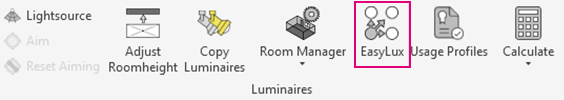 Close-up screenshot of the English ReluxCAD for Revit ribbon layout displaying tool buttons for Adjust Roomheight, Copy Luminaires, Room Manager, EasyLux, Usage Profiles, and Calculate under the Luminaires section.